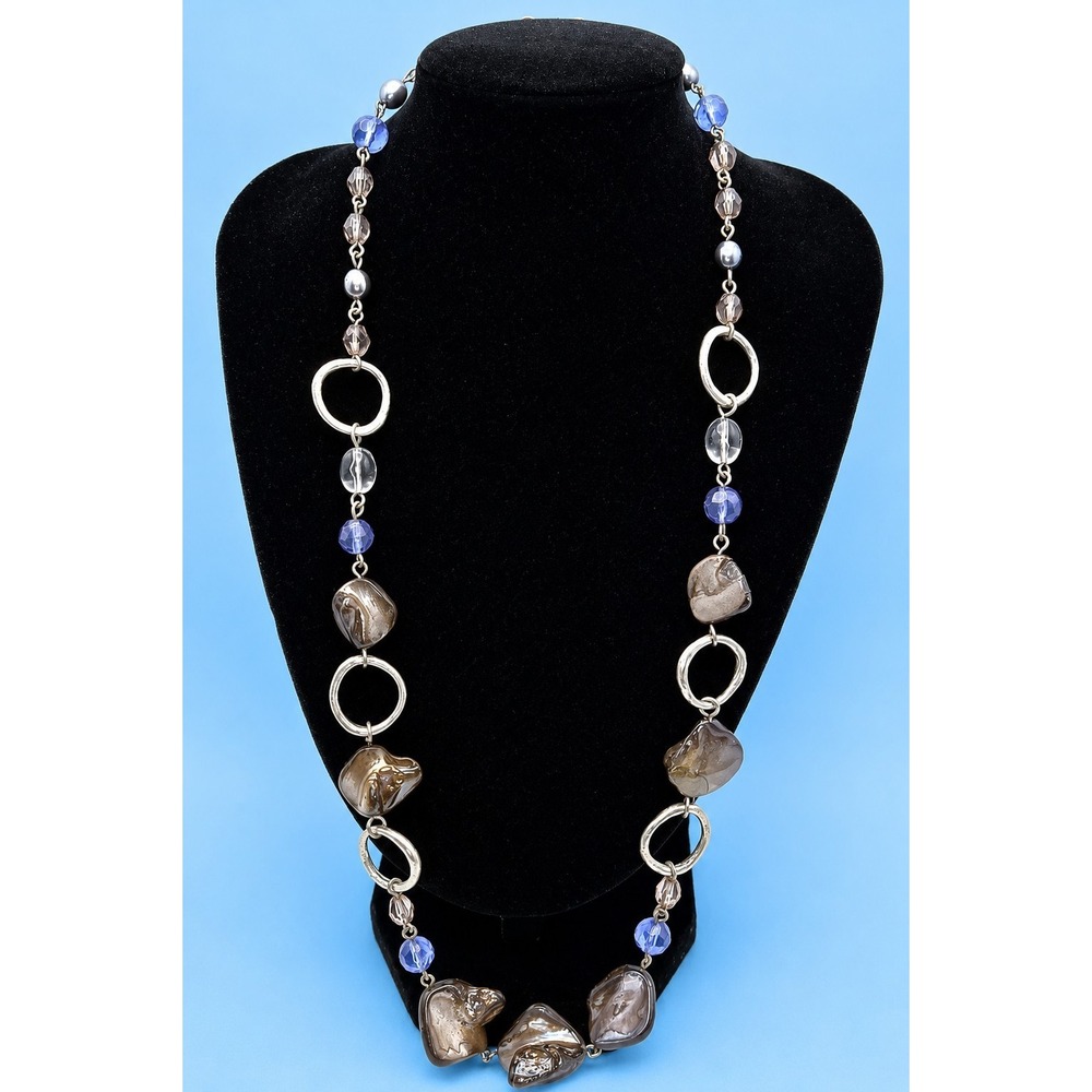 Lia Sophia "Indigo" Necklace Blue Clear Crystals Abalone Shell Silver Tone -461